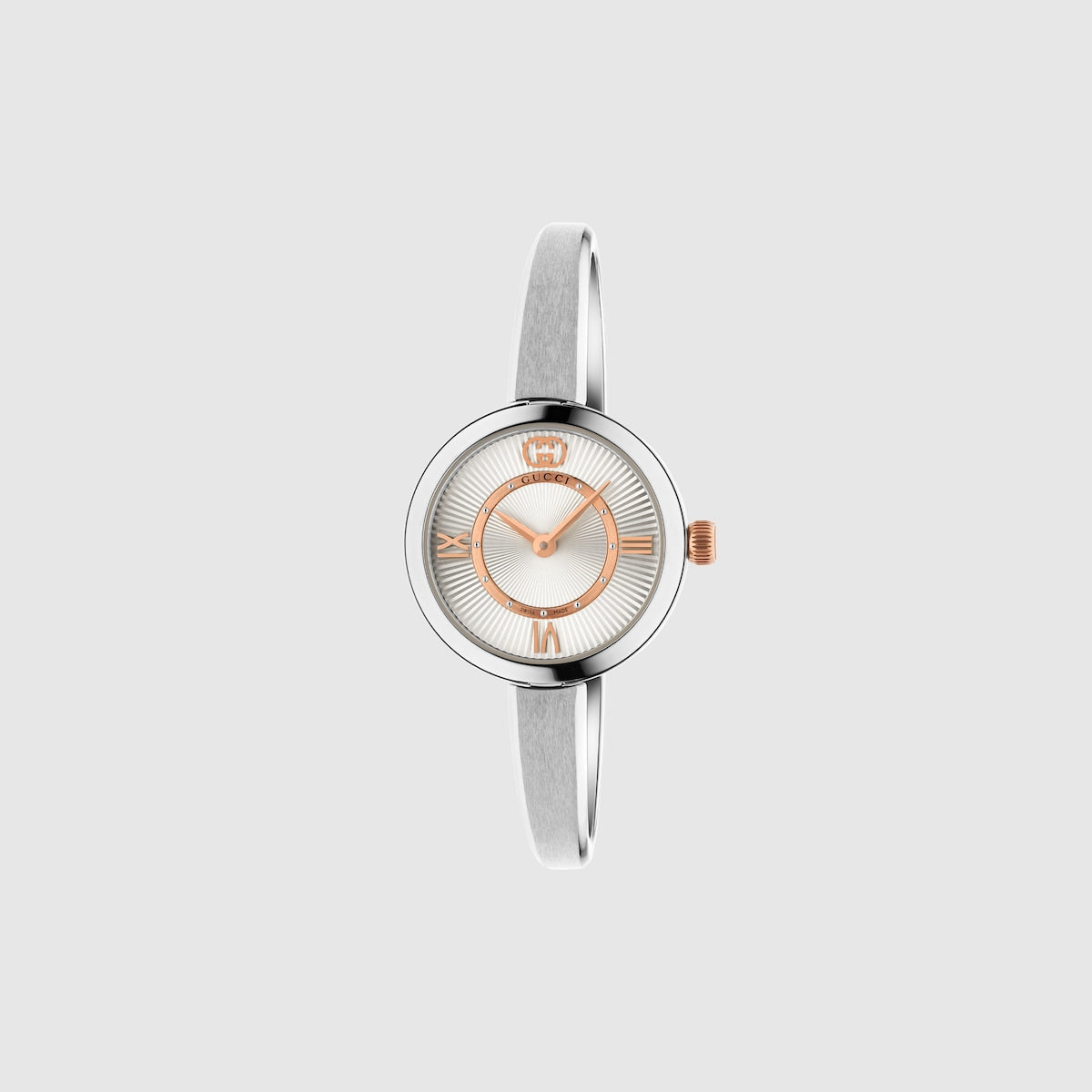 Gucci Model 2000 Quartz Watch. Silver and Rose Dial, Stainless Steel Bangle Bracelet.