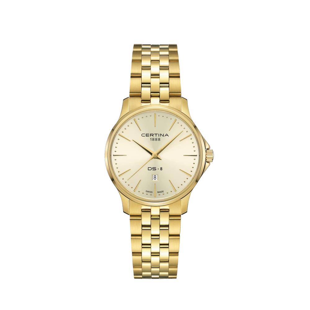 Certina DS-8 Lady 31mm Quartz Watch. Gold Dial Gold PVD Bracelet.