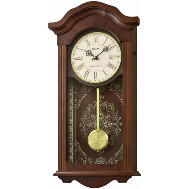 Seiko Pendulum Wooden Wall Clock. Dark Brown Wood Cream Dial with Roman Numerals. Patterned Internal