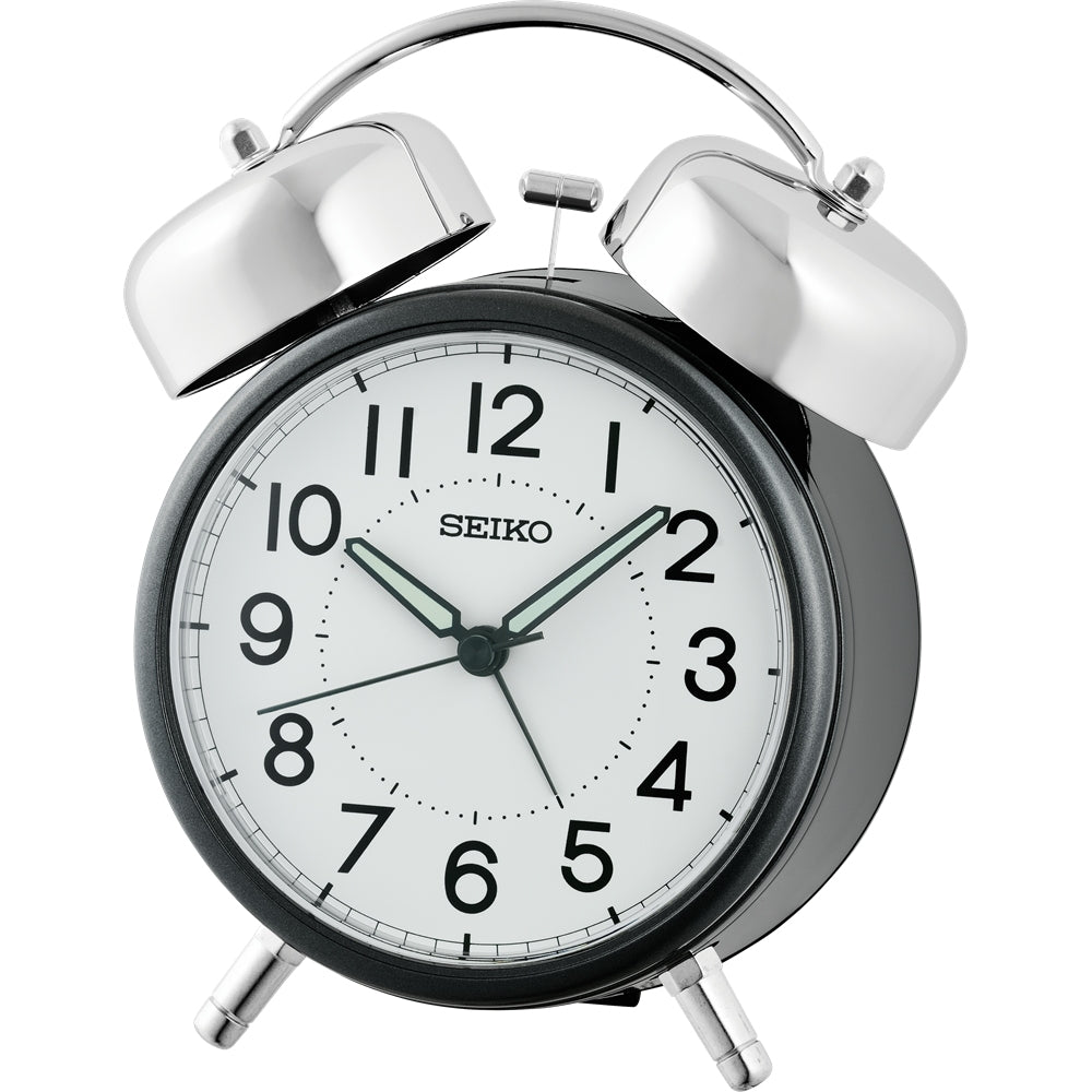 Seiko Bell Alarm Clock. Black Case White Dial Arabic Numbers.