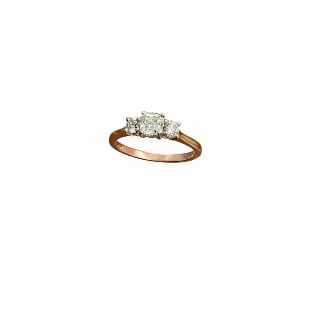 18ct R/G Cush 0.51ct + 2 Brill 0.30ct 3 Diam Ring