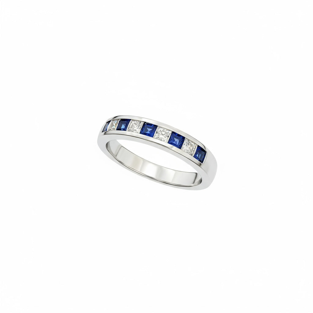 Platinum Sapphire and Diamond Princess Cut Stones Eternity Ring