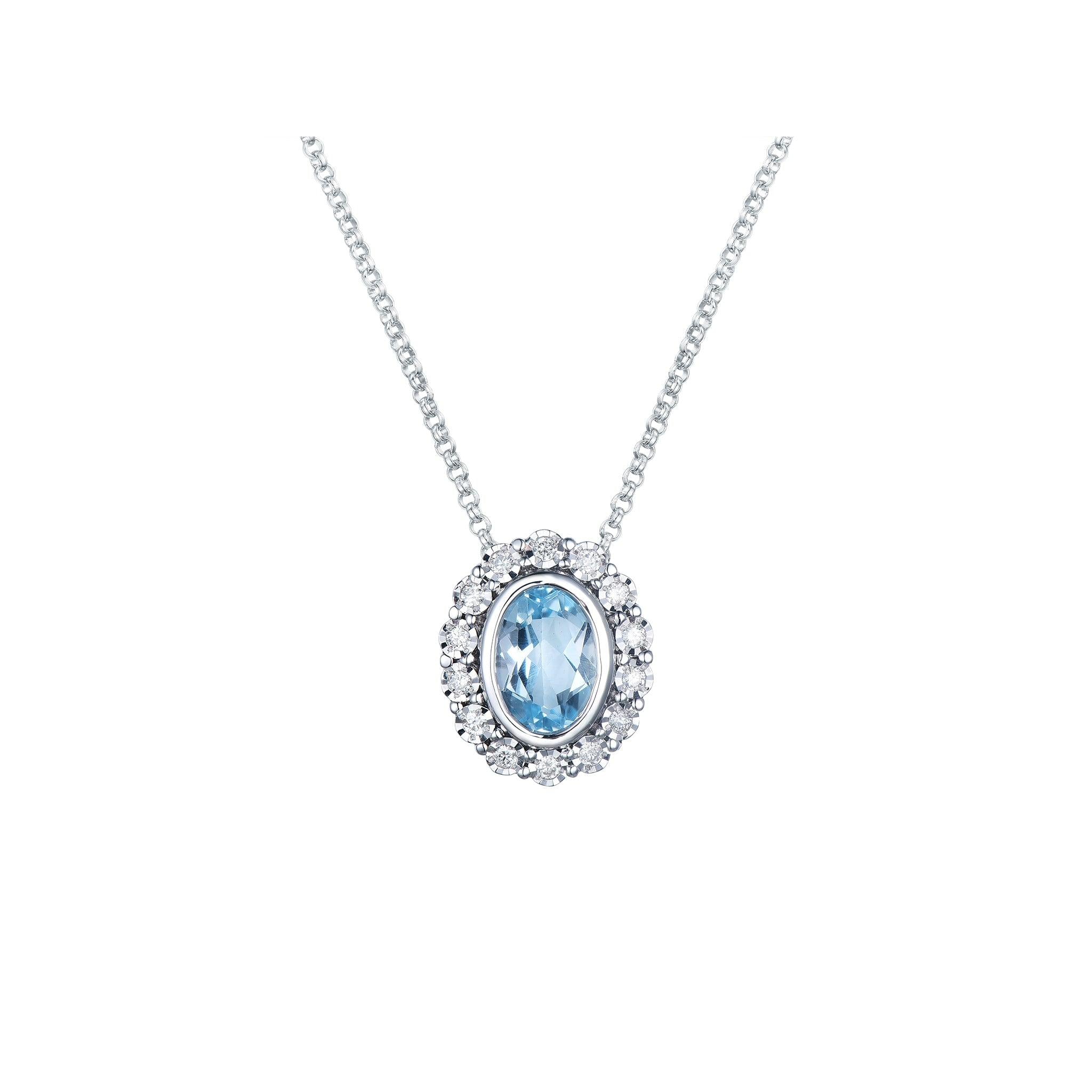 9ct White Gold Oval Blue Topaz and Illusion Set Diamond Cluster Pendant