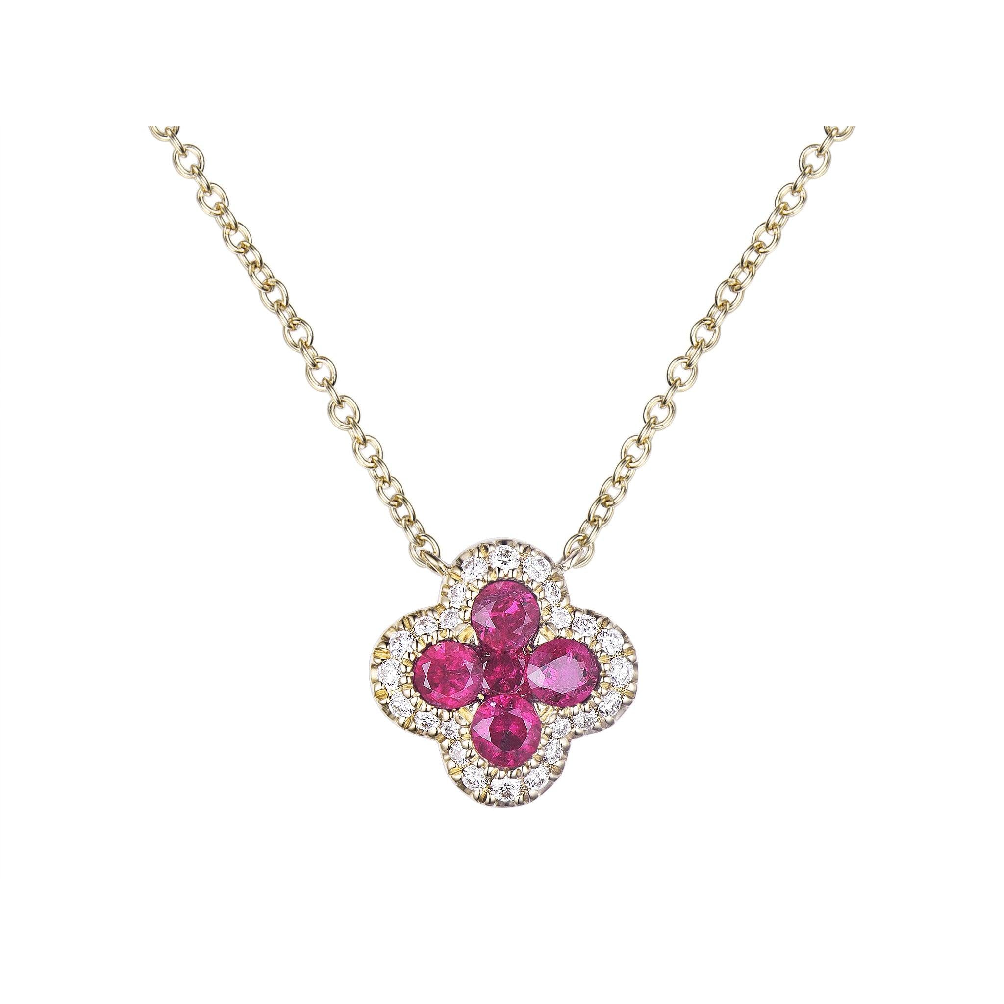 18ct Yellow Gold Ruby and Diamond Clover Style Cluster Pendant