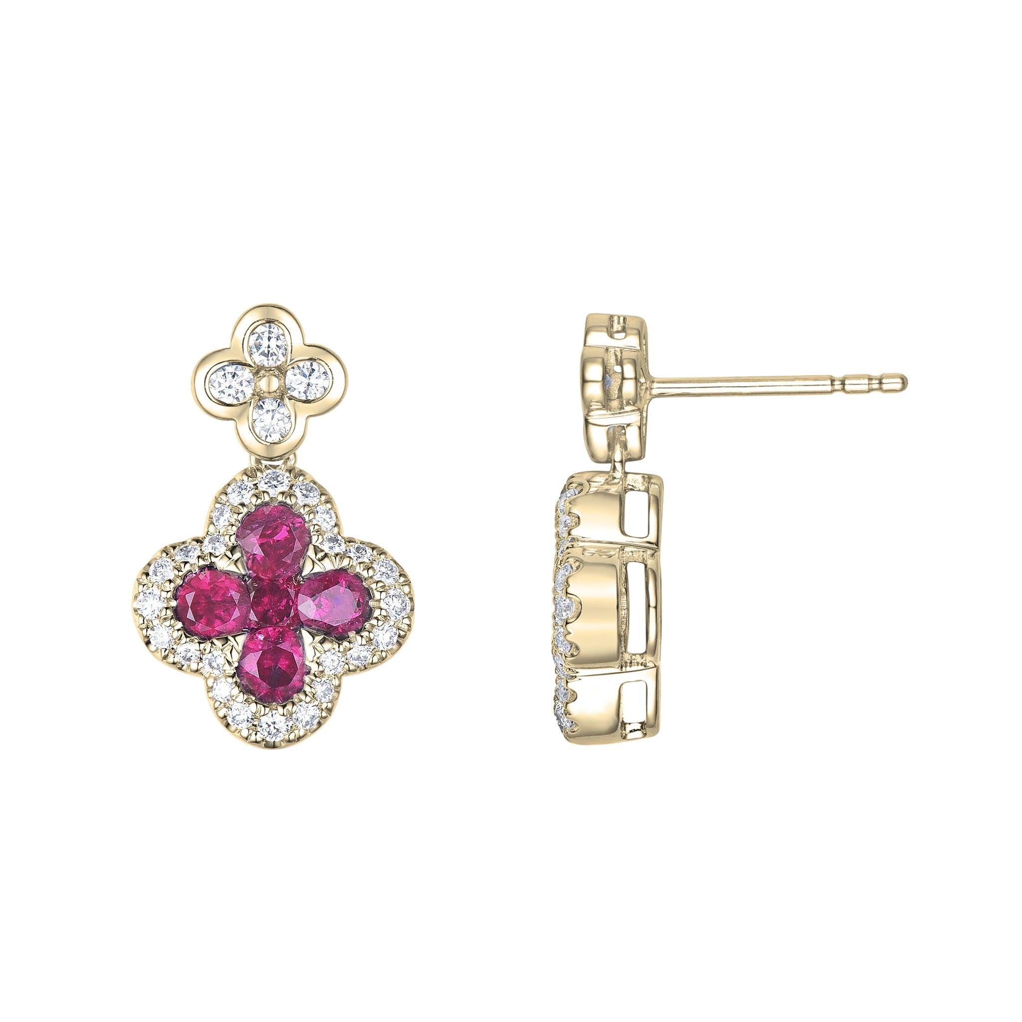18ct Yellow Gold Ruby and Diamond Clover Style Cluster Drop Earrings