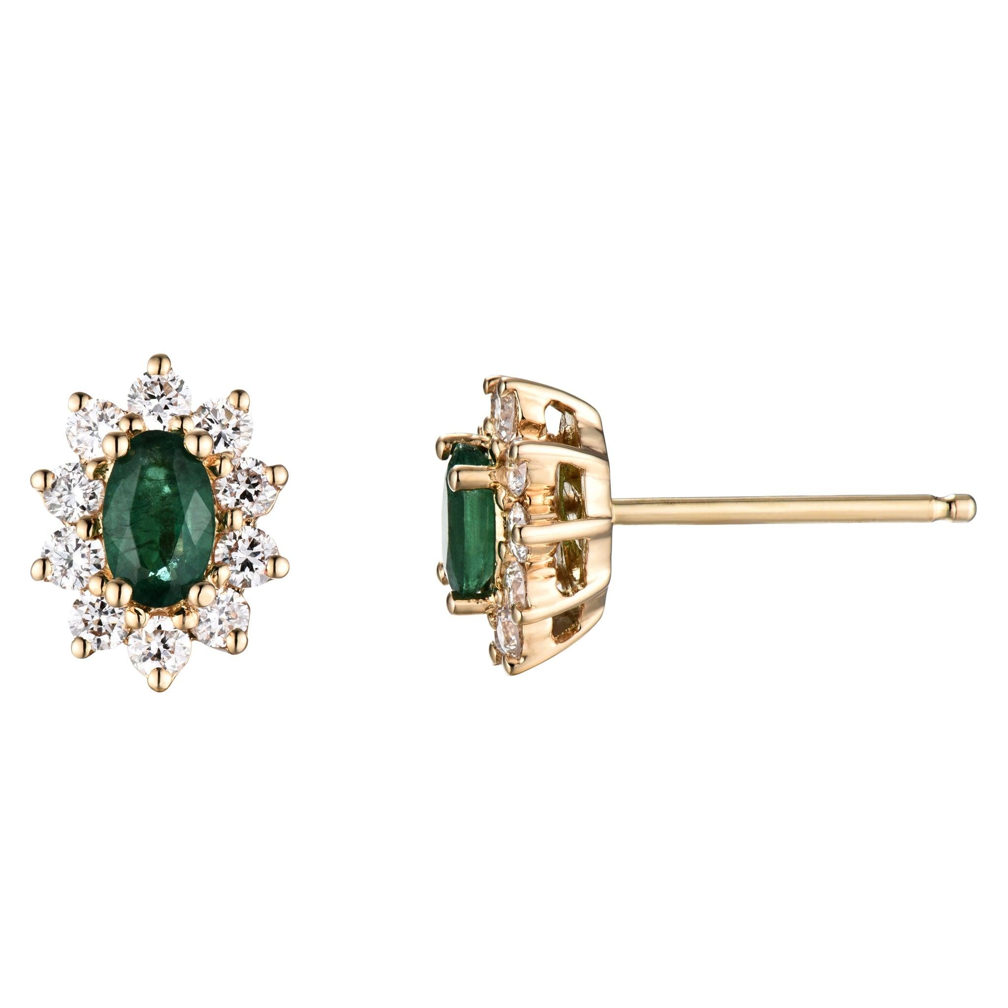 18ct Yellow Gold Oval Emerald and Diamond Cluster Stud Earrings