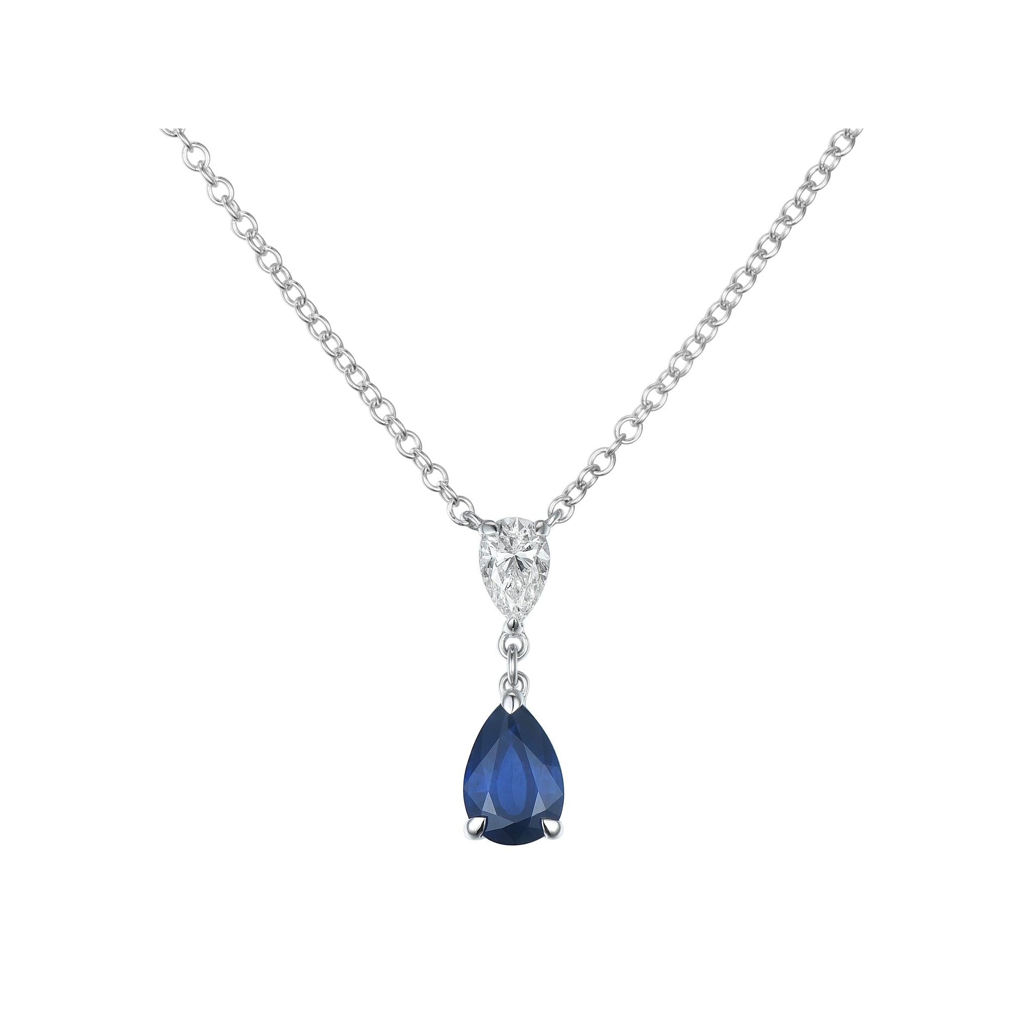 18ct White Gold 2 Stone Pear Cut Sapphire and Pear Cut Diamond Necklace