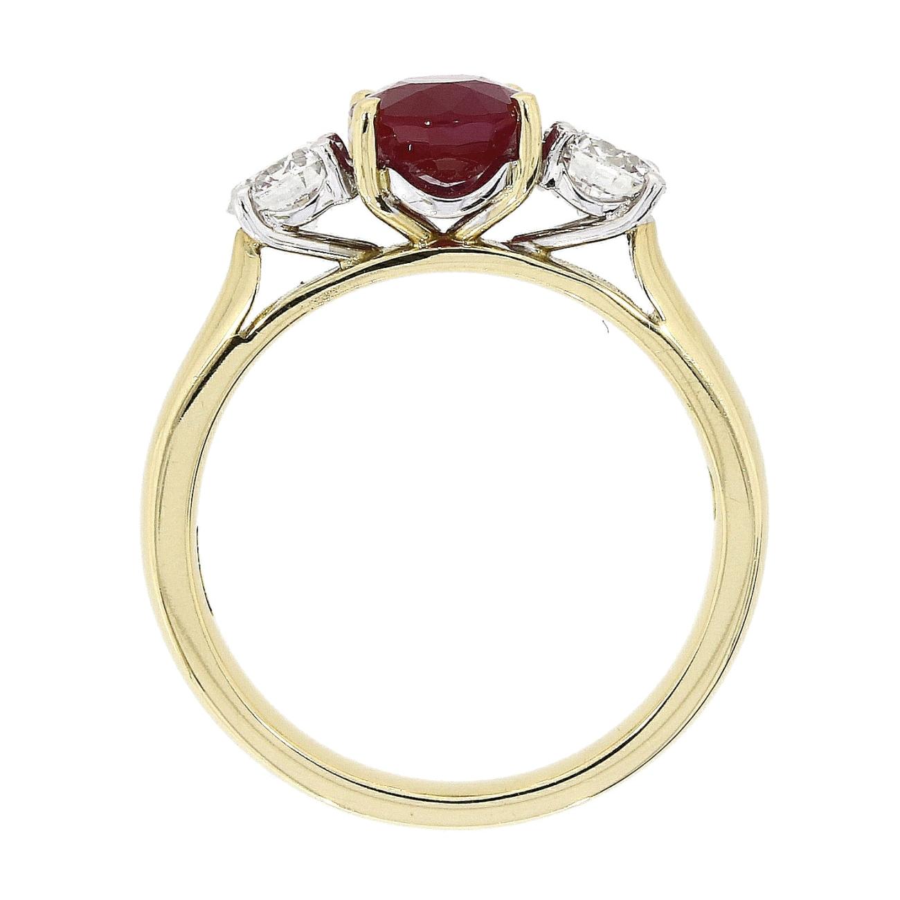 18ct Yellow and White Gold Oval Ruby and Round Brilliant Diamond 3 Stone Ring