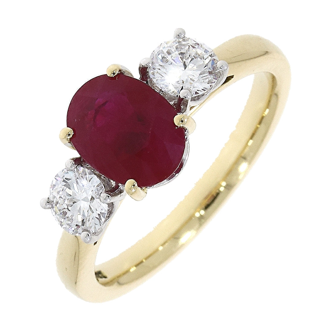 18ct Yellow and White Gold Oval Ruby and Round Brilliant Diamond 3 Stone Ring