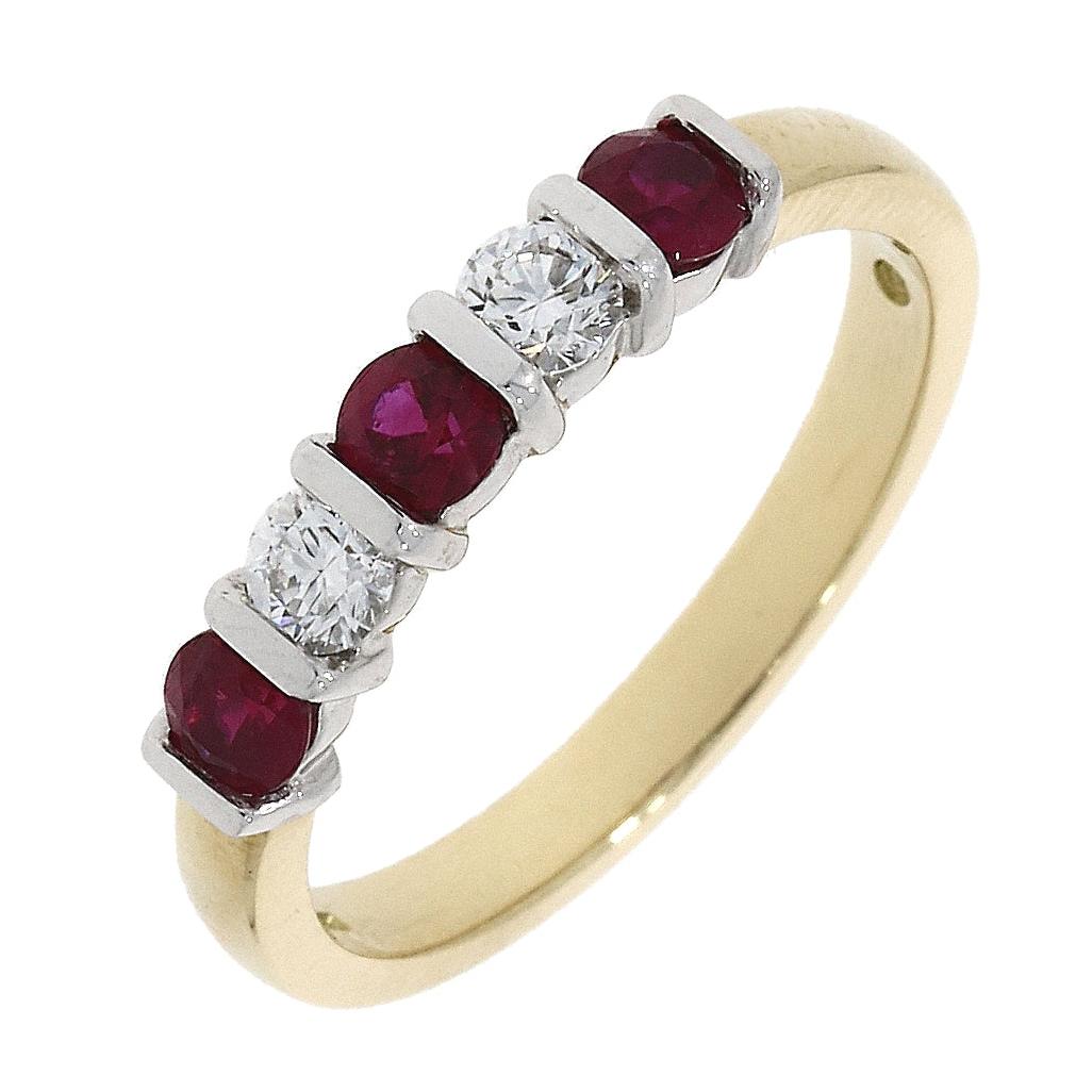 18ct Yellow and White Gold 5 Stone 3 Ruby and 2 Diamond Bar Set Ring