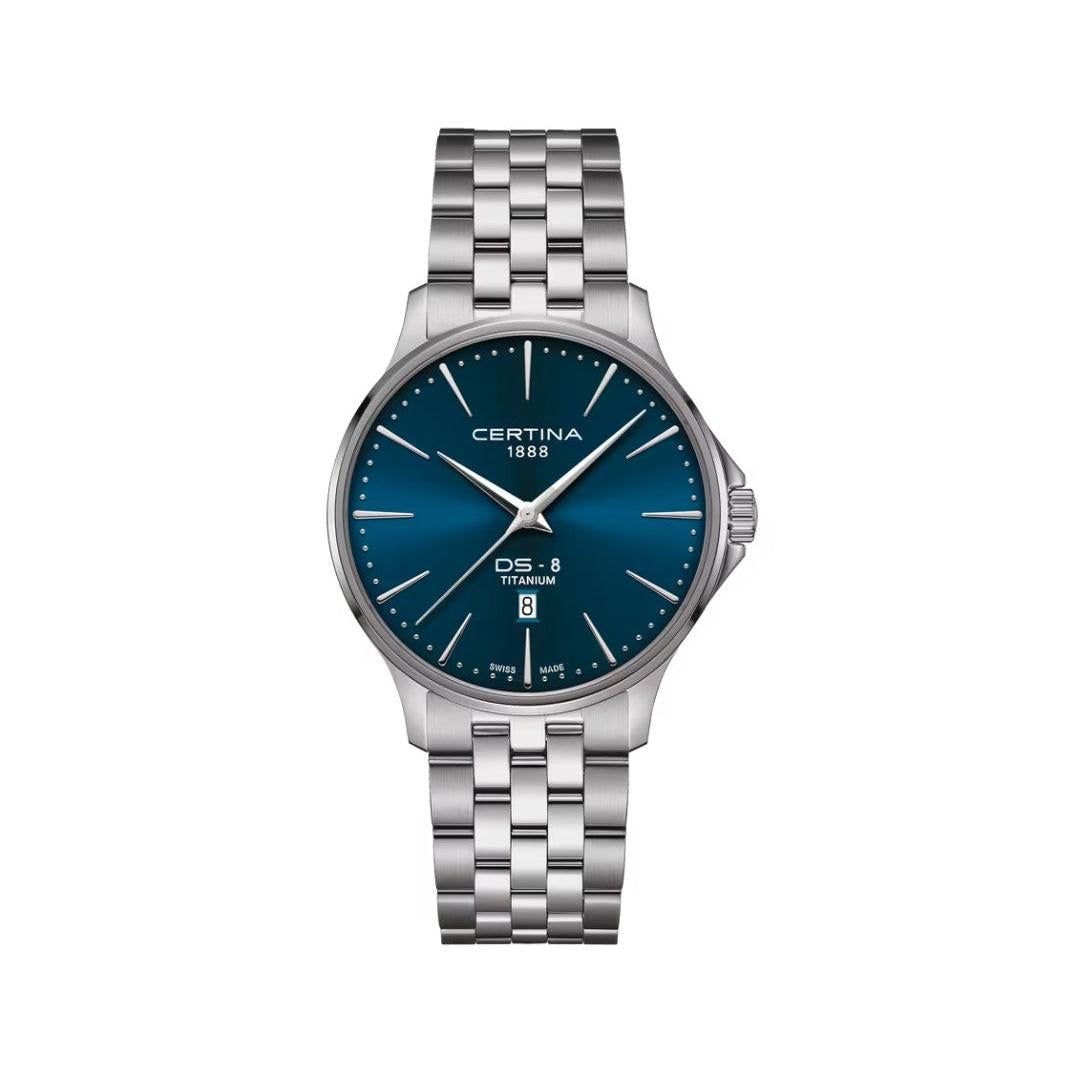 Certina DS-8 Quartz Watch. Blue Dial Titanium Bracelet.