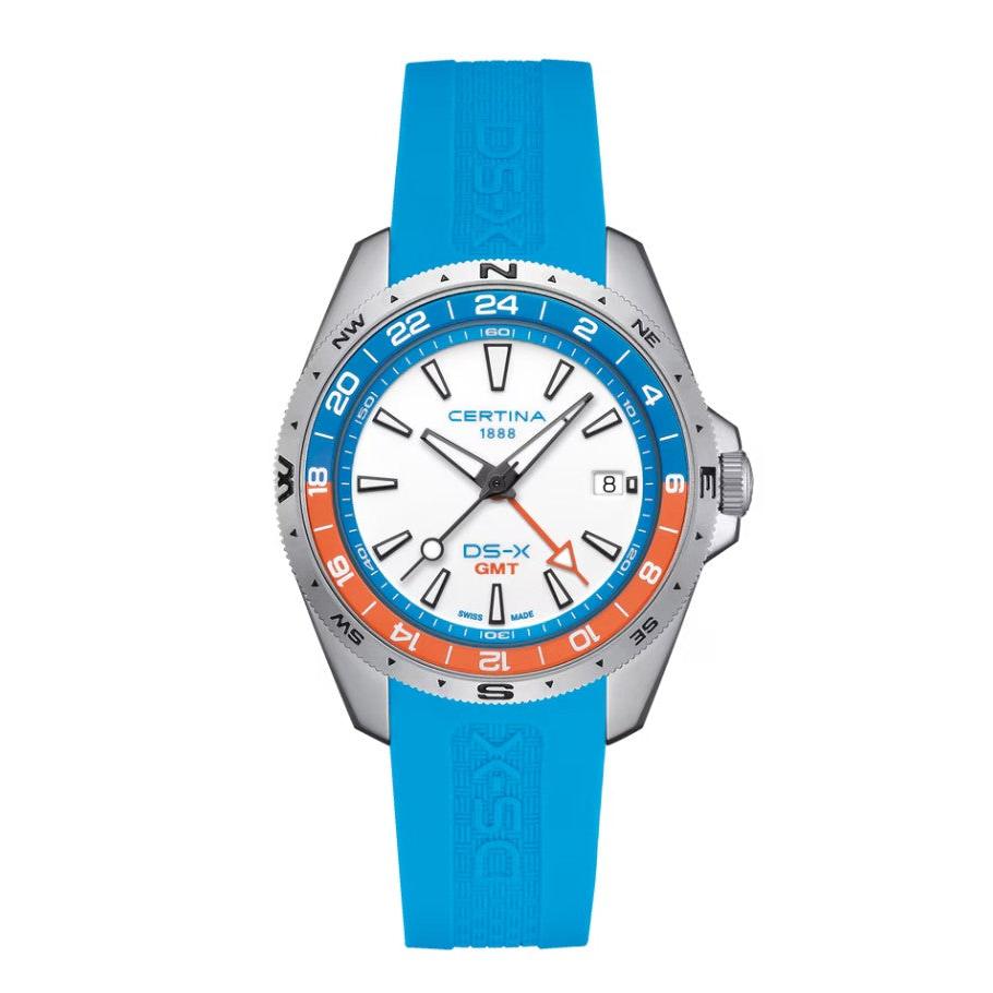 Certina DS-X GMT Quartz Watch. White Dial, Blue/Orange Bezel, Blue Rubber Strap.