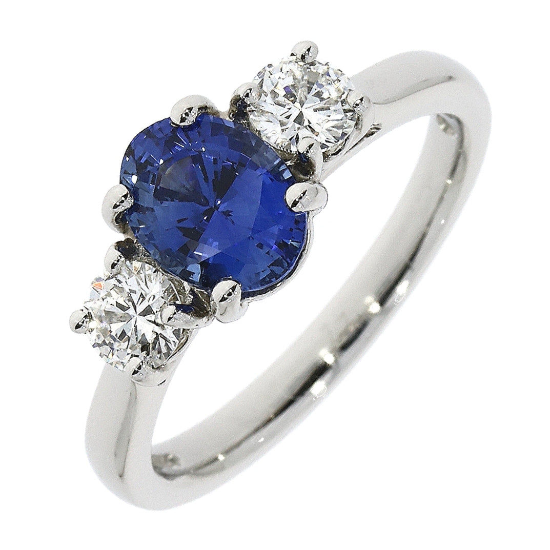 Platinum Oval Sapphire and 2 Round Brilliant Diamond 3 Stone Ring
