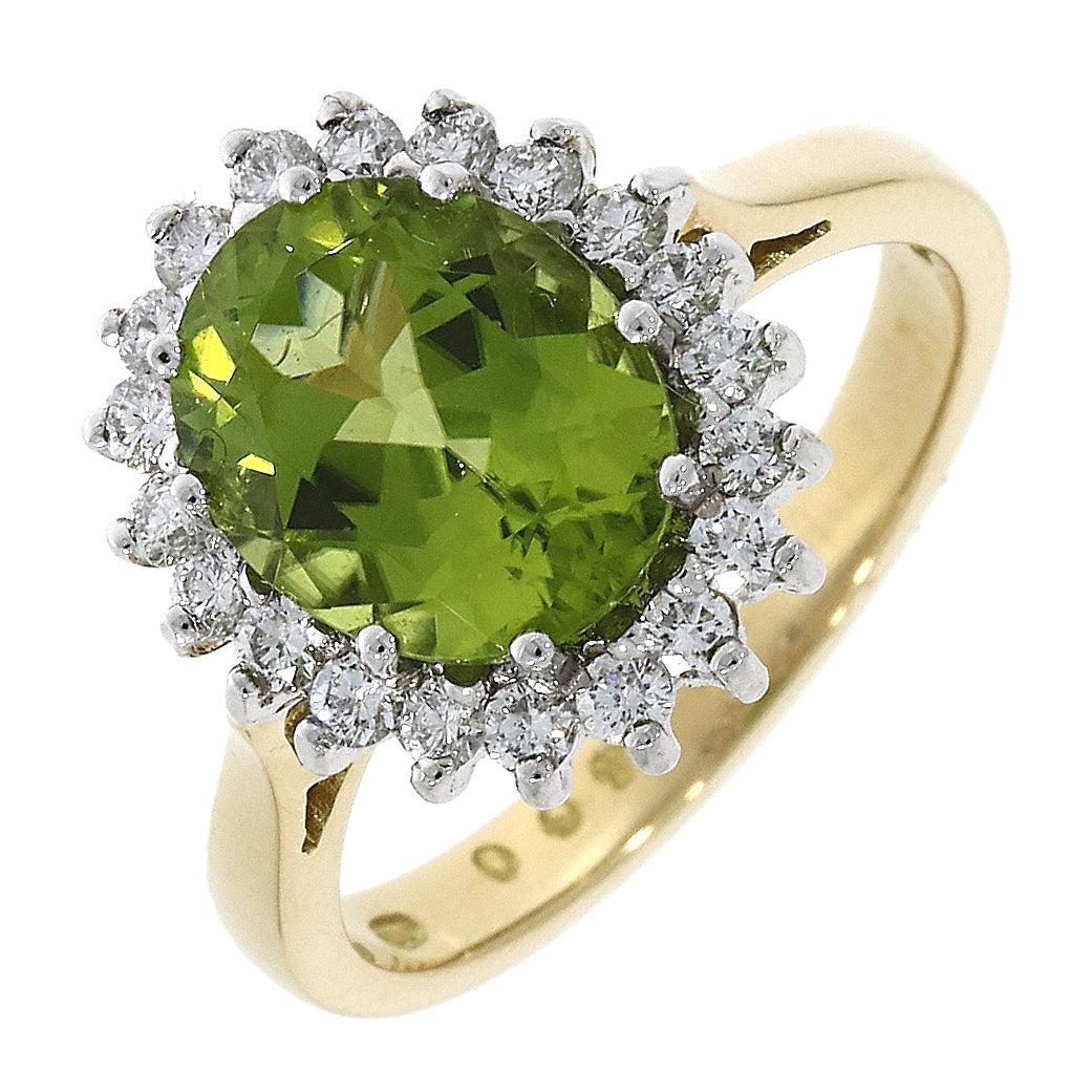 18ct Yellow Gold Oval Peridot and Diamond Cluster Ring