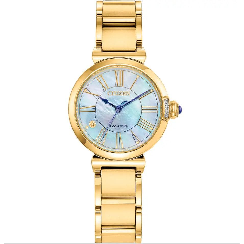 L Mae Eco Drive Watch. Mother of Pearl Dial, Gold Plated Stainless Steel Bracelet. Diamond a