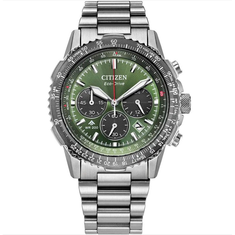 Citizen Promaster Air Navihawk Chronograph Eco Dive Watch. Green Dial, Stainless Steel Bracelet.