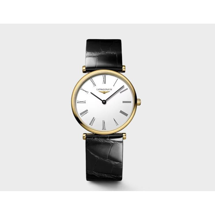 La Grande Classique Quartz Watch.Yellow PVD Case. White Dial Black Leather Strap Roman Nume