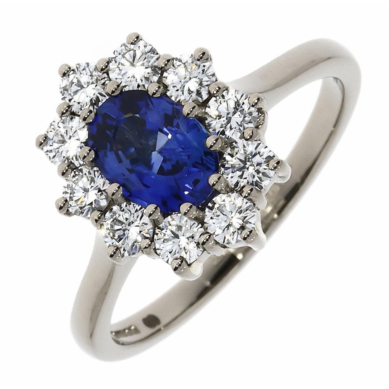 Platinum Oval Sapphire and Diamond Cluster Ring