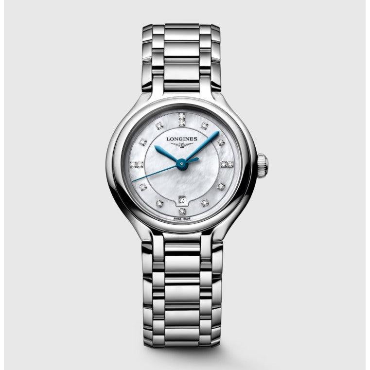 PrimaLuna Quartz Watch. Mother of Pearl Dial, Stainless Steel Bracelet. 15 Diamond Dot Dial
