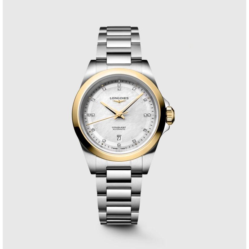 Conquest Automatic Watch. Mother of Pearl Dial, Diamond Dot, Stainless Steel Bracelet, 18ct