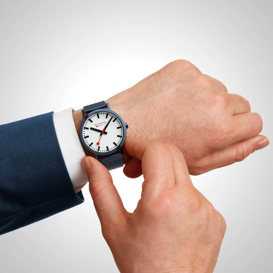 Mondaine Classic White Dial Blue Mesh Staineless Steel Bracelet Quartz Watch.