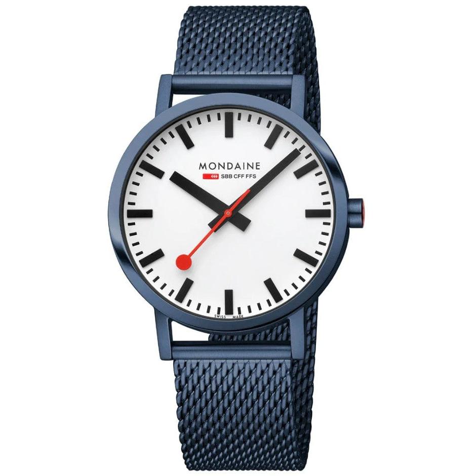 Mondaine Classic White Dial Blue Mesh Staineless Steel Bracelet Quartz Watch.