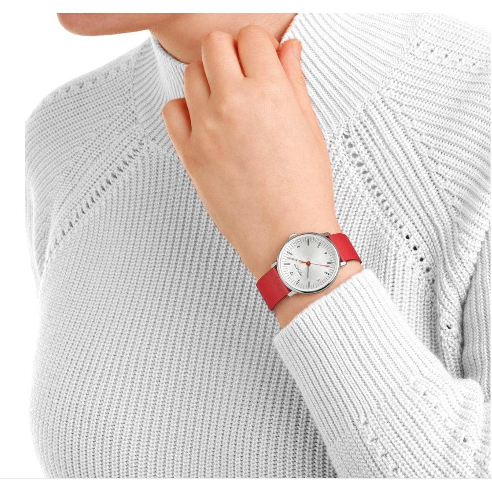 Mondaine Doppio Quartz Watch. Silver Dial, Red Grape Leather Strap