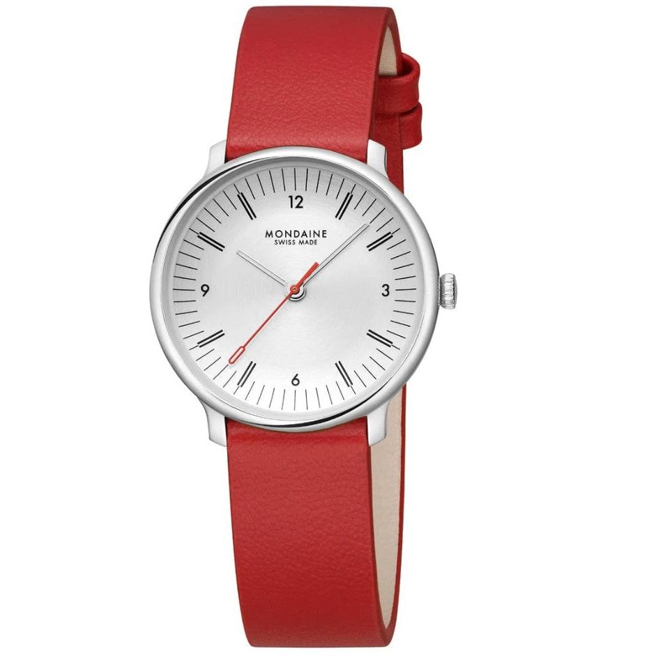 Mondaine Doppio Quartz Watch. Silver Dial, Red Grape Leather Strap