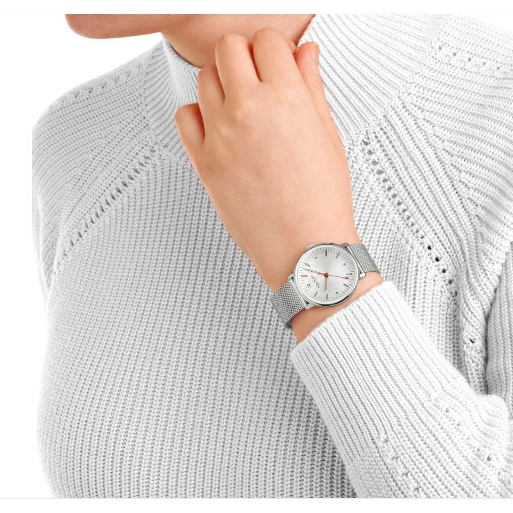 Mondaine Doppio Quartz Watch. Silver Dial, Stainless Steel Mesh Bracelet