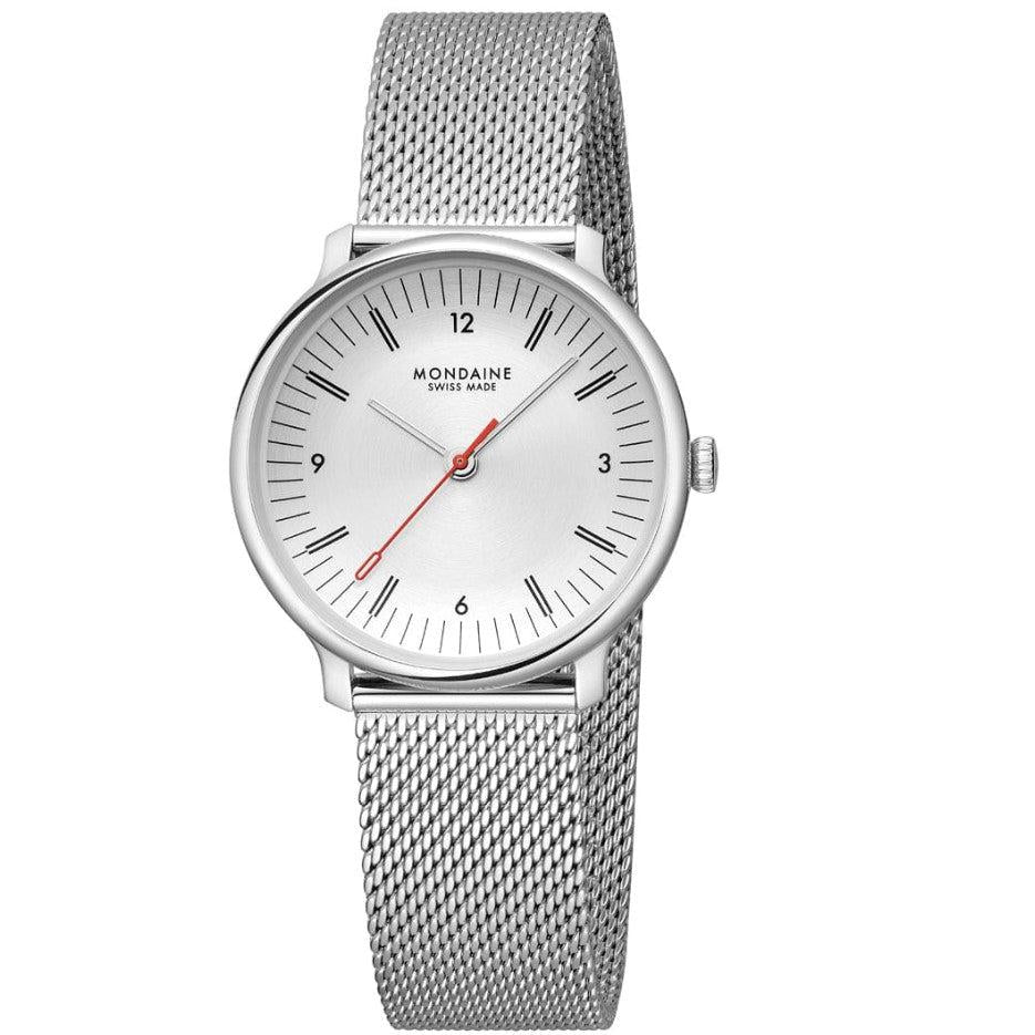 Mondaine Doppio Quartz Watch. Silver Dial, Stainless Steel Mesh Bracelet