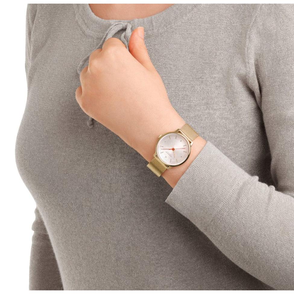 Mondaine Doppio Quartz Watch. Silver Dial, Gold Stainless Steel Case and Mesh Bracelet.