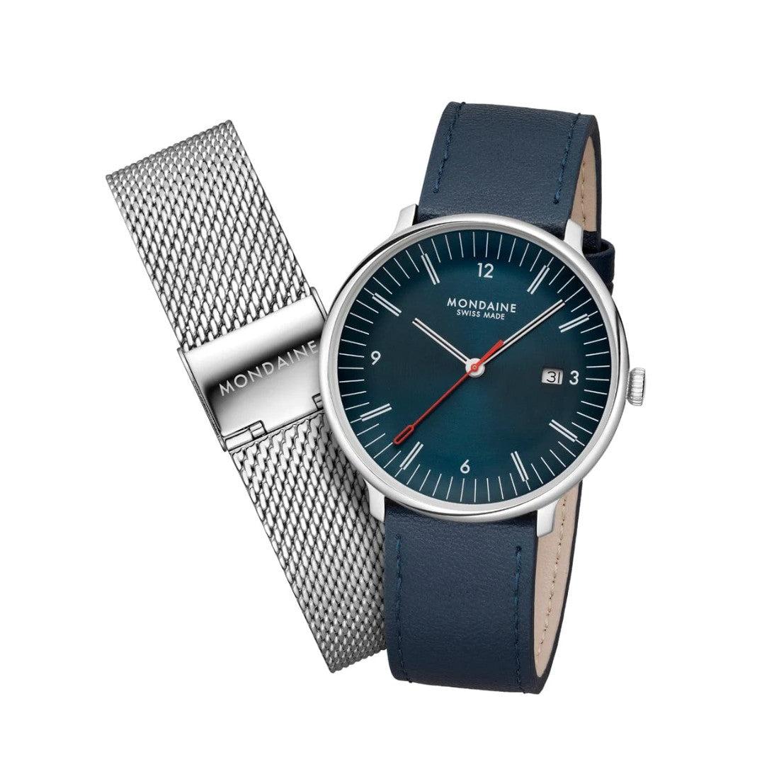 Mondaine Doppio Quartz Watch Two Strap Set. Blue Dial