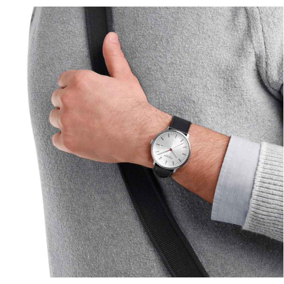 Modaine Doppio Solar Watch. White Dial Black Grape Leather Strap