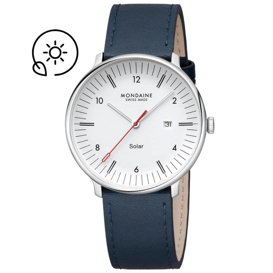 Mondaine Doppio Solar Watch. White Dial Blue Apple Leather Strap.
