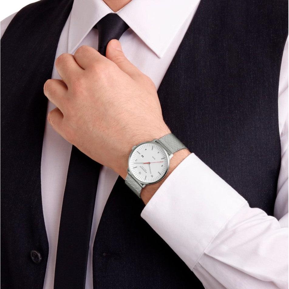 Mondaine Doppio Solar Watch. White Dial Stainless Steel Mesh Bracelet.