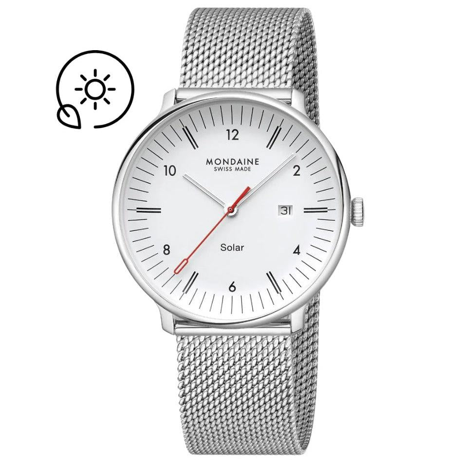 Mondaine Doppio Solar Watch. White Dial Stainless Steel Mesh Bracelet.