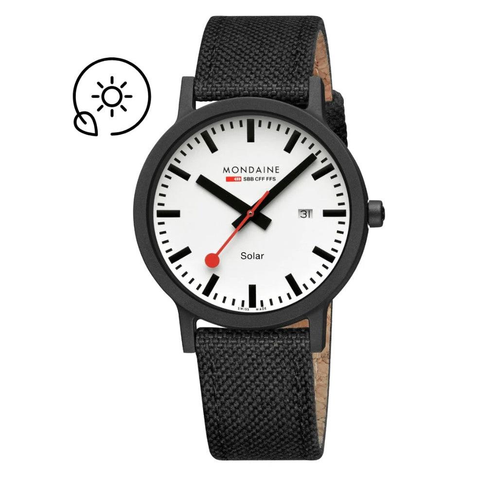 Mondaine Essence Solar Watch. White Dial, Black Textile Strap.