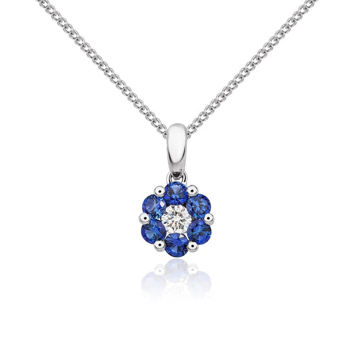 18ct white gold 6 sapphire and 1 diamond claw set pendant supplied with box link chain