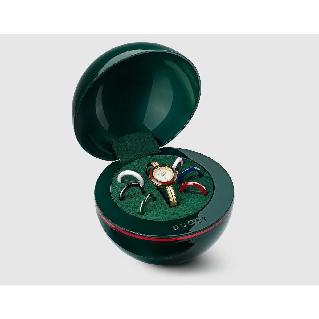 Gucci Play Interchangeable Ceramic Bezel Quartz Watch. White Dial Gold Plated Bangle.