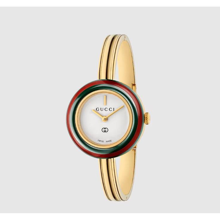 Gucci Play Interchangeable Ceramic Bezel Quartz Watch. White Dial Gold Plated Bangle.