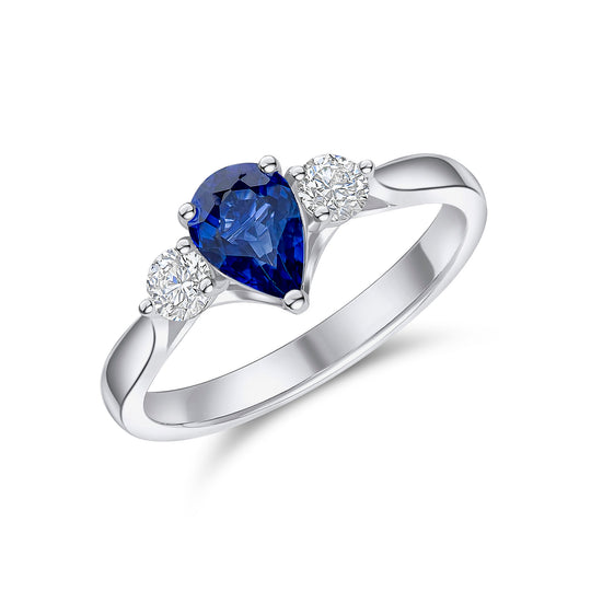 18ct White Gold Pear Shaped Sapphire & Diamond Three Stone Ring