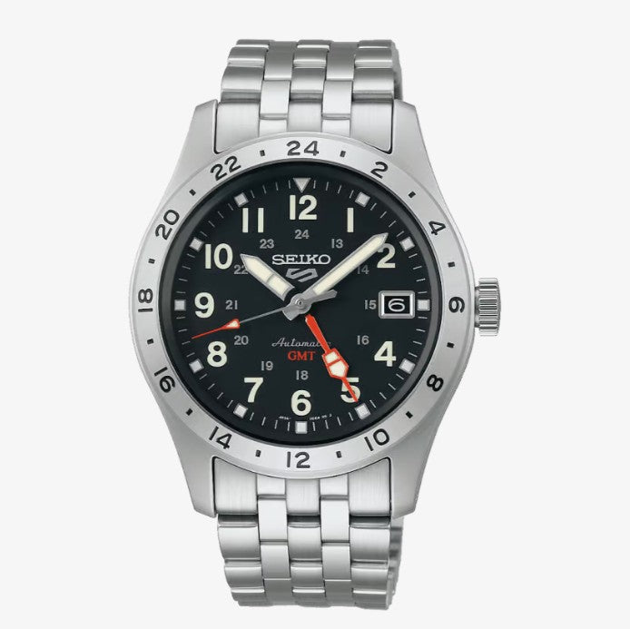 5 Sports Field Deploy Mechanical GMT Automatic Watch. Black Dial Stainless Steel Bracelet.