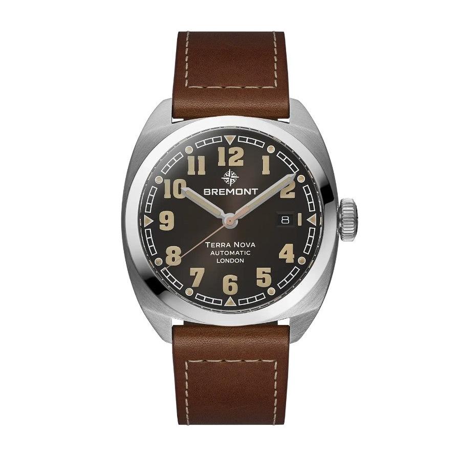 Terra Nova 40.5 Date Automatic Watch. Black Dial, Arabic Numbers, Brown Leather Strap