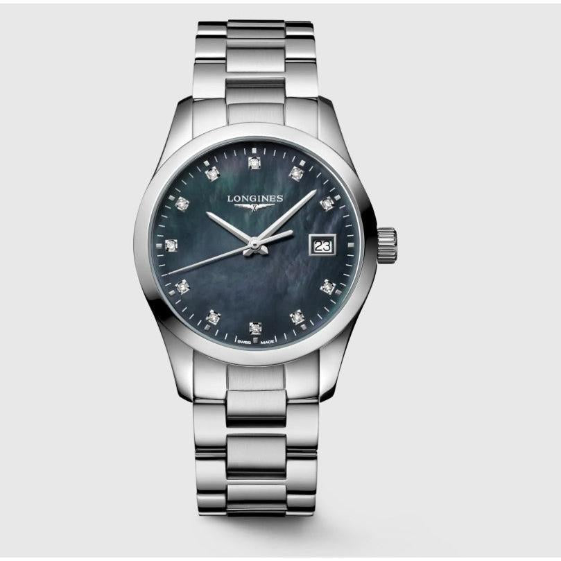 Conquest Classic Quartz Watch. Black Mother of Pearl Dial, Diamond Dot, Stainless Steel Bra