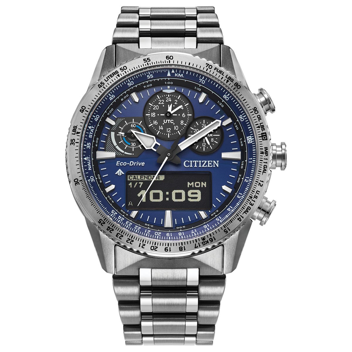 Promaster Skyhawk Perpetual Calender Eco Drive Watch. Blue Dial, Stainless Steel Bracelet.