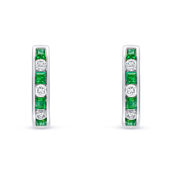 18ct white gold 4 square Emerald and 3 brilliant cut diamond channel set hoop earrings