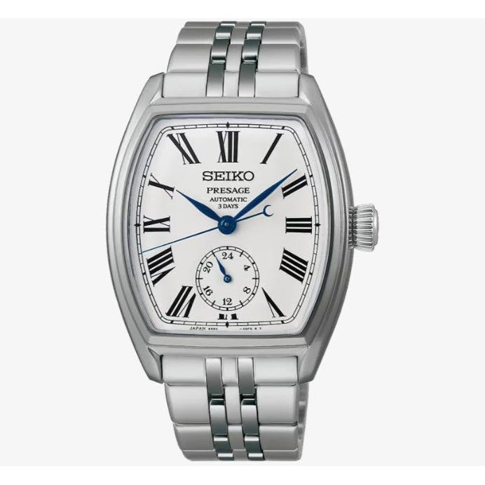 Seiko Presage Classic Series Enamel 'Tonneau' Automatic Watch. White Dial Stainless Steel Bracelet