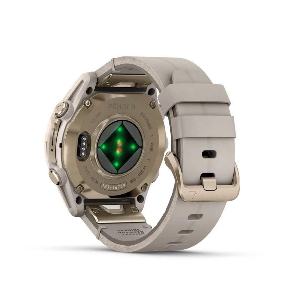 Fenix 8 43mm Amoled Smart Watch. Sapphire, Soft Gold with Limestone Leather Band
