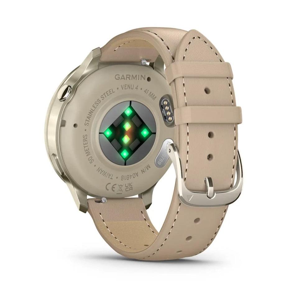 Garmin Venu 4 41mm Smart Watch. Lunar Gold with Bone Silicone Band and Light Sand Leather Band