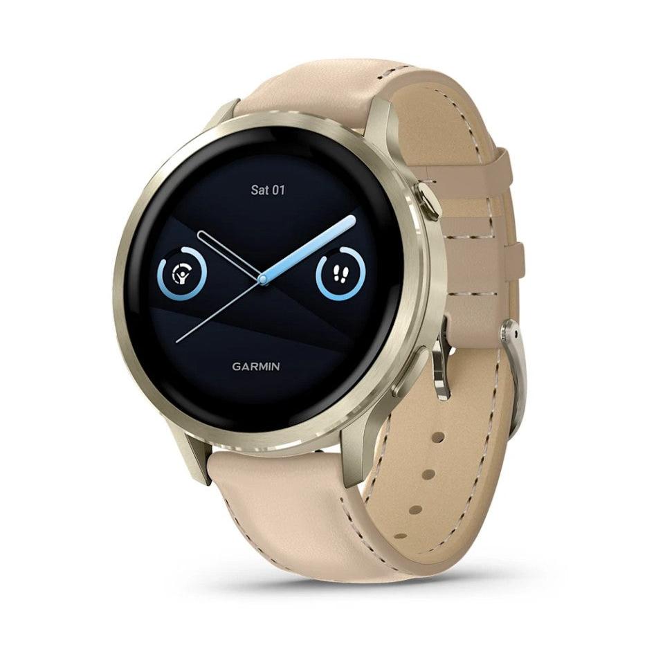 Garmin Venu 4 41mm Smart Watch. Lunar Gold with Bone Silicone Band and Light Sand Leather Band